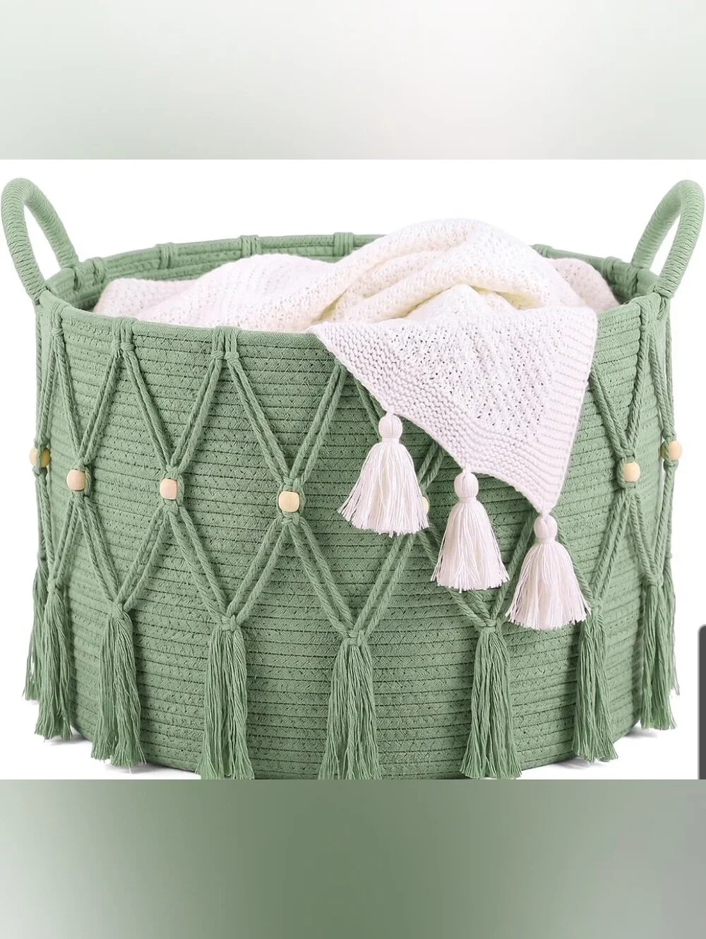 Boho Blanket Basket Sage Green with Tassel And Macrame Accents